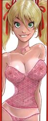 1girl belly big_breasts biting_lip blonde_female blonde_hair blonde_hair_female breasts dean_yeagle green_eyes mandy_(dean_yeagle) naughty_smile nipples pink_panties red_ribbon ribbons see-through_clothing transparent_clothing twintails