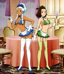 2girls apron avatar_legends avatar_the_last_airbender blue_bra blue_eyes blue_skirt bowtie bra breasts brown_hair detached_collar drinks feather_duster garter_straps gloves green_bra green_skirt hair_ornament high_heels holding_feather_duster holding_tray hypnosis jimryu looking_at_viewer maid maid_apron maid_headdress maid_uniform medium_breasts microskirt midriff mind_control navel nickelodeon nicktoons panties ponytail skirt suki thighhighs tray white_hair white_panties yue