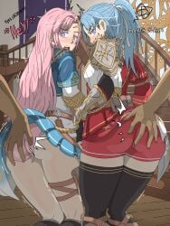 2girls anger blue_hair duoleveling groping_ass indie_virtual_youtuber koni_urameshi mage panties pink_hair shorts sisters skirt surprised text turning_head vtuber warrior youtube yuki_astrea yuna_astrea