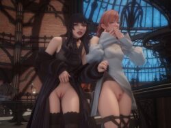 3d blush exhibitionism final_fantasy final_fantasy_xiv flashing flashing_pussy gaia_(ffxiv) hand_over_mouth hi_res kyubisan ryne_waters skirt_lift square_enix