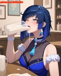 1girls ai_generated artifical_art blue_hair blush dripping_cum dripping_semen earrings genshin_impact green_eyes nail_polish open_mouth perfect_body semen_in_mouth semen_on_tongue short_hair yelan_(genshin_impact)