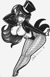 arie_monroe black_and_white breasts dc greyscale hand_on_head looking_at_viewer monochrome simple_background straight_hair tagme tailcoat white_background zatanna