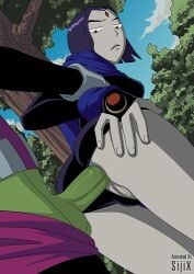 anal anal_sex beast_boy beast_boy_(dcamu) beast_boy_(teen_titans) butt_sex exposed_ass exposed_pussy female green_cock green_genitals green_penis green_skin grey_skin mostly_clothed park public public_exposure public_nudity public_park public_sex purple_hair raven_(dc) sijix slow_penetration slow_sex tree