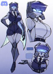 1girls android belt big_breasts blue_eyes blue_hair discord green_hair huge_breasts huge_thighs long_hair robot_girl shirt smile suit thighs