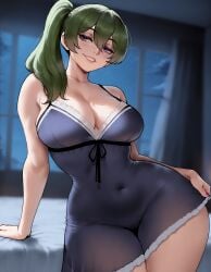 1girls ai_generated blurry_background breasts curvy female female_only floox green_hair grin indoors large_breasts looking_to_the_side pajamas purple_eyes side_ponytail smile solo solo_female sousou_no_frieren thick thick_thighs ubel_(sousou_no_frieren) voluptuous wide_hips window