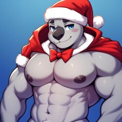 ai_generated bara blue_eyes christmas frosting.ai furry furry_male furry_only gray_fur koly_(trtf) male male_only marsupial muscular muscular_male necklace pecs santa_hat solo solo_male the_return_to_freddy's tits