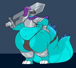 1boy anthro armor armored_gloves ass belly breastplate bulge bulge_through_clothing chubby chubby_male dragon dragon_humanoid fat hand_on_hip hips knight knight_armor knight_helmet large_ass male male_focus male_only scarf seethiur stomach sword thick_thighs thighs thong weapon weapon_over_shoulder wide_hips