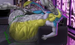 5:3 anal anal_vore anthro balls belly big_belly bloated brom_(sahurus) cock_vore fangs full_balls fur furniture genitals green_body green_fur grey_body grey_fur group hi_res hose hose_in_butt hose_in_mouth hose_in_penis hyper hyper_balls hyper_belly hyper_penis immobile male male/male male_pred mass_vore oral_vore paws penile penis red_eyes rumbling_stomach sergal sofa tail tail_tuft teeth theember tuft vore vore_belly yellow_body yellow_fur