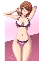 1girls adjusting_hair arms_behind_head bra breasts brown_eyes brown_hair large_breasts lingerie looking_at_viewer midriff navel panties persona persona_3 pink_bra pink_lingerie pink_panties short_hair sonicheroxd yukari_takeba