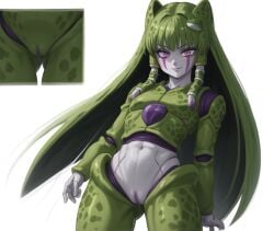 absorbing ai_generated cell_(dragon_ball) crossover dragon_ball evil_grin fusion kochiya_sanae perfect_cell pussy