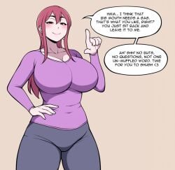 1girls breasts earrings english_text gray_pants hand_on_hip jam-orbital large_breasts long_hair looking_at_viewer milf mommy mommy_dom original pants pink_hair purple_shirt red_eyes shirt talking_to_viewer text text_bubble