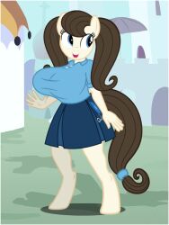 anthro anthro_oc big_breasts blue_eyes breasts brown_mane canterlot clothing cute cutie_mark_on_clothing dizzy_strings_(oc) earth_pony female flashequestria huge_breasts my_little_pony oc oc_only open_mouth pleated_skirt polo_shirt shortstack skirt solo twintails twintails unguligrade_anthro