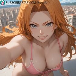 1girls ai_generated artist_name artist_signature bare_shoulders bleach bleach:_the_thousand-year_blood_war bottomless bra breasts collarbone female grey_eyes grin hi_res high_resolution highres kurutai large_breasts long_hair looking_at_viewer matsumoto_rangiku mole_under_mouth nipple_slip nipples orange_hair outdoors parted_bangs pink_bra smile solo subscribestar subscribestar_username teeth uncensored underwear