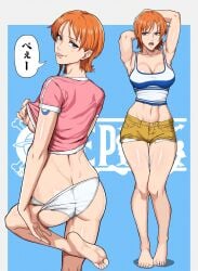 armpits arms_up barefoot japanese_text mikeypieart nami one_piece orange_hair pulling_panties short_hair shorts teasing thighs