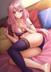 1girls ass bed blush bra bra_strap_down breasts female_focus female_only horns kazenokaze medium_breasts oni oni_female oni_horns panties pillows pink_hair red_eyes shuna_(tensei_shitara_slime_datta_ken) single_stocking solo solo_female stockings tensei_shitara_slime_datta_ken