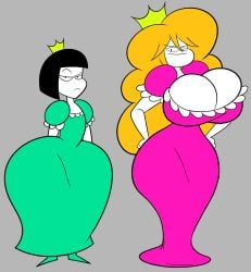 2girls ass_vs_breasts cropped cropped_image female female_only flat_chest green_dress huge_ass huge_breasts looking_at_viewer oboithisisfunky pink_dress princess princess_applebottom princess_backache princess_libiris_ubera serious serious_look smug smug_face tagme wide_hips