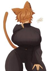 1female 1girls 5_fingers :3 anthro anthrofied ass big_breasts big_nipples black_clothing cat_ears cat_nose cat_tail catgirl clothing curvy curvy_figure female finger_on_mouth furry hand_on_thigh hands juxou nipples original_character paprika_(justbirb) short_hair tagme tagme_(artist) thighs white_background