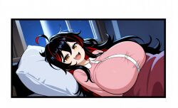 ai_generated amber_eyes bed bedroom dark_hair flesh_fang large_breasts long_hair messy_hair pink_pajamas sorceress_sophia two_tone_hair