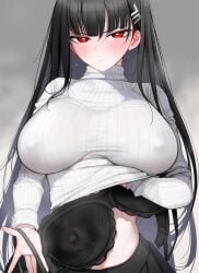 1girls black_bra black_hair black_skirt blue_archive blush bra bra_removed breasts covered_nipples fed_(giba) female female_only grey_background hair_ornament halo hi_res huge_breasts lace-trimmed_bra lace_trim lifted_by_self looking_at_viewer nipple_bulge pleated_skirt red_eyes rio_(blue_archive) simple_background skirt solo solo_female steam sweat sweat_stain sweater sweater_lift sweaty_bra underwear very_long_hair white_shirt wife_material