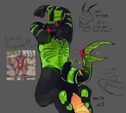 1x1x1x1 artist_request back_view black_hair black_limbs curly_hair footjob forsaken_(roblox) gills green_body looking_at_viewer male pawjob paws penis piercings precum roblox roblox_game robloxian scars_on_arm shark_tail source_request tagme tail translucent_body visible_ribs visible_skeleton