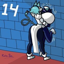 big_ass big_breasts big_butt cat_ears clothed deltarune deltarune_chapter_2 dominant_female face_on_breast femdom huge_breasts huge_breasts kairasin kris_(deltarune) massive_breasts monster_girl patting_head pressed_against_wall smaller_male smothering tail taller_female tasque_manager_(deltarune) thick_thighs tits_bigger_than_head