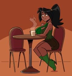 1girls black_hair boob_window breasts cafe coffee_mug dark-skinned_female dark_skin female female_only furiousart green_heels green_sweater imani_(zrfurious) ponytail skirt sweater thigh_heel_boots thigh_highs wholesome yellow_eyes zrfurious