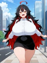 ai_generated amber_eyes city_background dark_hair flesh_fang large_breasts long_hair messy_hair office_lady sorceress_sophia two_tone_hair