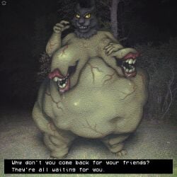 analog_vorer anthro caption caption_box cougar dialogue felid feline female flesh_creature forest forest_background found_footage hi_res looking_at_viewer mammal monster nature nature_background night nipple_mouth oral_vore outside overweight overweight_female photo_background photo_manipulation photography_(artwork) plant solo solo_focus stomach_bulge text tree vore yellow_eyes