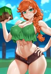 abs ai_generated alex_(minecraft) big_breasts blush braided_hair braided_ponytail covered_nipples crop_top female female_focus green_eyes green_topwear jagat_ai large_breasts looking_at_viewer minecraft minecraft_block muscular muscular_female nipple_bulge outdoors pubic_hair pubic_hair_peek red_hair short_shorts shorts smile solo solo_female toned toned_female unzipped unzipped_pants