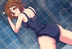 1girls ass blue_one-piece_swimsuit blue_swimsuit breasts brown_eyes brown_hair diaper diaper_under_clothing diaper_under_swimsuit game_cg large_breasts lilith-fetish looking_at_viewer one-piece_swimsuit short_hair shower sofia's_secret swimsuit tile_wall yuhi_(sofia's_secret)