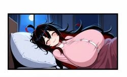 ai_generated amber_eyes bed bedroom dark_hair flesh_fang large_breasts long_hair messy_hair pink_pajamas sorceress_sophia two_tone_hair