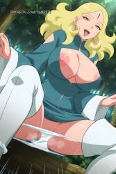 blonde_hair blue_dress boots boruto:_naruto_next_generations breasts cleavage_cutout clothing_cutout delta_(boruto) dress earrings female forehead_mark forest jewelry large_breasts long_hair long_sleeves looking_at_viewer makeup mature_female mole mole_under_eye nail_polish naruto_(series) nature nipple_slip nipples open_mouth outdoors panties panty_pull parted_bangs patreon_username red_eyes sitting smile solo spread_legs squatting sweat thigh_boots thighhighs tongue tongue_out tree trembling underwear web_address white_footwear white_panties white_thighhighs wide_sleeves