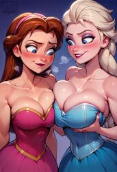 2girls ai_generated anna_(frozen) breast_comparison breast_press breast_squeeze cleavage cleavage_overflow elsa_(frozen) elsanna frozen_(film) sister_and_sister sisters thabiggpaybacc