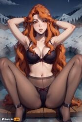 , 1girls ai_generated armpits arms_up artist_name black_bra black_footwear black_panties black_pantyhose bow bow_bra bow_panties bra breasts castlevania castlevania_(netflix) cleavage collarbone crotch_seam hair_ornament hands_in_hair hi_res high-waist_pantyhose high_heels lenore_(castlevania) long_hair looking_at_viewer medium_breasts navel night orange_eyes orange_hair outdoors panties panties_under_pantyhose pantyhose parted_bangs parted_lips patreon_username rule34lab sitting sky snow solo spread_legs stomach underwear very_long_hair wavy_hair