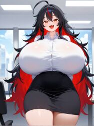 ai_generated amber_eyes dark_hair flesh_fang large_breasts long_hair messy_hair office_background office_lady sorceress_sophia two_tone_hair