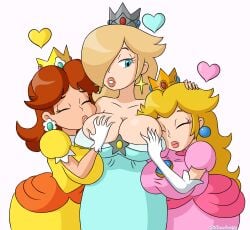 3girls alternate_breast_size breast_grab breast_squeeze breasts brown_hair clothed crown earrings female female_focus hands_behind_head lips mario mario_(series) nintendo princess princess_daisy princess_peach princess_rosalina royalty super_mario_bros. tagme unknowndraw6798 video_games yellow_hair