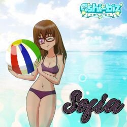 ball beach beachball bikini brown_hair ebony female glasses original_character oshi-biz_(vtuber_group) pink_eyes