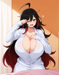 amber_eyes dark_hair flesh_fang large_breasts long_hair messy_hair night_shirt sorceress_sophia two_tone_hair