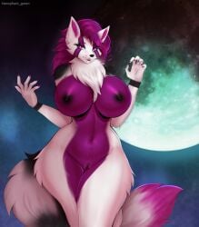 absurd_res anthro breasts canid canine canis coyote female genitals hi_res hierophant_green_(artist) mammal moon mythological_canine mythological_creature mythology nipples pussy shira_(silence_morder) solo werecanid werecanine werecreature werewolf wolf