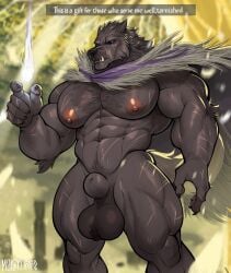 abs animal_genitalia anthro balls bara biceps big_balls blaidd_(elden_ring) canid canine canis cloak dark_fur elden_ring fromsoftware fur furry grey_body grey_fur male male_nipples male_only mammal manly marlon.cores muscular_male nipples pecs werecanid werecanine werewolf wolf