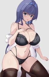 1girls bitch blue_hair bra hololive hololive_english hololive_english_-council- hololive_english_-promise- huge_breasts large_breasts lingerie long_hair ouro_kronii panties shirt tongue_out zeropengr