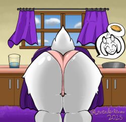 2025 anthro ass baking boss_monster_(undertale) bovid butt_focus camel_toe caprine carpet closed_eyes clothing cloud cooking cupboard curtains cutaway door dress female female_anthro floppy_ears food fur glass hi_res horn inside kitchen kitchen_counter kneeling lavenderryuwu mammal oblivious panties pastry pie pink_clothing pink_panties pink_underwear rear_view shaded short_tail signature sky smile solo tail thong thought_bubble toriel undertale_(series) underwear water white_body white_fur window