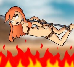 artwork_(digital) bondage cannibalism cannibals cooked cooked_alive cooked_person cooking cooking_vore cute_butt damsel damsel_in_distress digital_drawing_(artwork) digital_media_(artwork) dinner dolcett fire flat_chest flat_chested guro gynophagia human_meggy imminent_death literal_spitroast meggy_(smg4) meggy_spletzer naked naked_female nude orange_hair peril roast roasted roasting rotisserie sine420eee smg4 spinning spitroast tied_to_pole tied_up