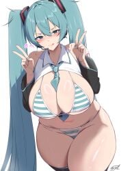 1girls big_breasts breasts female hatsune_miku huge_breasts large_breasts shinkaitoro sideboob solo string_bikini striped_clothing striped_legwear twintails underboob