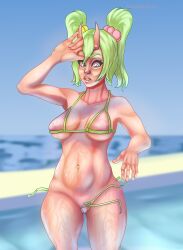 bikini confused epic_games fortnite fortnite:_battle_royale green_hair horns nemia_(fortnite) pink_body tsokart wet