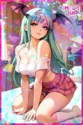 ai_generated bedroom darkstalkers green_eyes green_hair kawaii marvel_vs._capcom miaulust morrigan_aensland morrigan_aensland_(cosplay) sexy sexy_body sexy_pose skirt