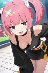 ai_generated anime anime_style black_eyes brat bratty breasts choker coral_(pokemon) nipples no_bra pink_hair pokemon pokemon_(anime) skirt small_breasts smug twintails