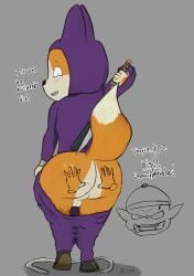 absurd_res anthro ass backsack balls big_butt blujie bottomwear bottomwear_down butt_grab canid canine canis clothed clothing dialogue disembodied_hand domestic_dog dragon_ball dragon_ball_super emperor_pilaf genitals hand_on_butt hi_res looking_back male mammal pants pants_down partially_clothed rear_view shiba_inu shu_(dragon_ball) solo_focus spitz tail text