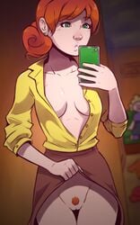 1girls :o breasts clothed collarbone dave_cheung depth_of_field earrings exposed exposed_pussy eyebrows_visible_through_hair female female_only female_pubic_hair flashing green_eyes jewelry long_skirt medium_breasts mirror_selfie no_bra no_panties nose open_clothes open_shirt orange_hair penny_(stardew_valley) presenting presenting_pussy pubes pubic_hair pubic_tuft pussy selfie skirt skirt_lift smartphone solo standing stardew_valley thigh_gap unbuttoned unbuttoned_shirt uncensored white_skin