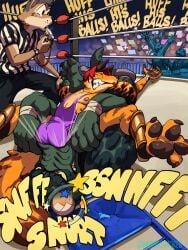 alligator alligatorid anthro ball_sniffing balls crocodilian duo fighting_ring genitals gimmemysmokes hi_res male professional_wrestling reptile scalie sniffing stadium